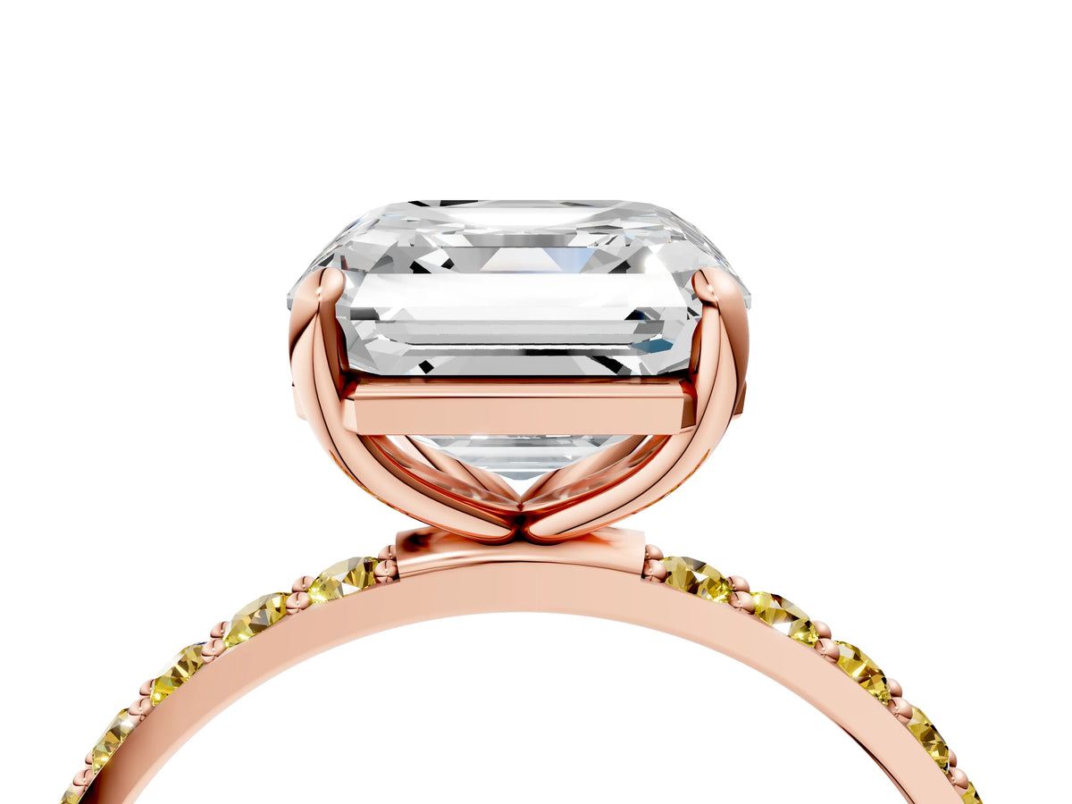 Rose gold Asscher Cut Diamond Solitaire Ring with Round Yellow Sapphire Pavé Band and Prong Setting_4