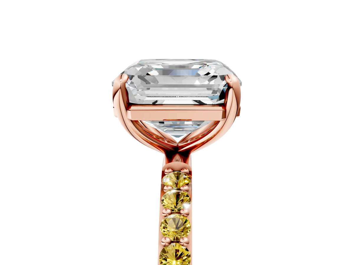 Rose gold Asscher Cut Diamond Solitaire Ring with Round Yellow Sapphire Pavé Band and Prong Setting_5