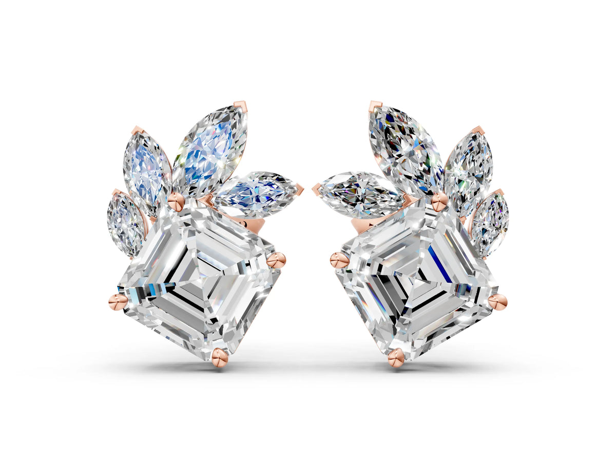Rose gold Asscher and Marquise Diamond Cluster Stud Earrings