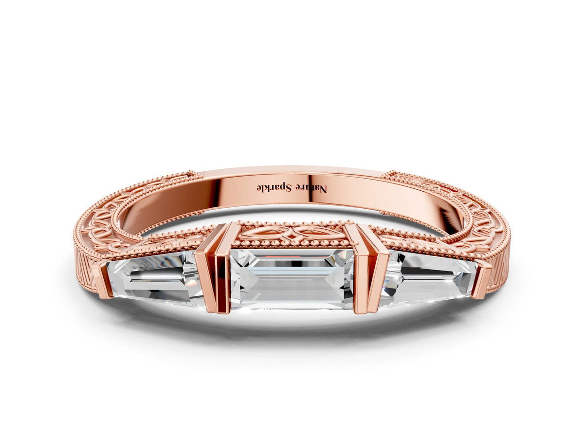Rose gold Baguette Cut Channel Set Milgrain Band with V-Prong Setting