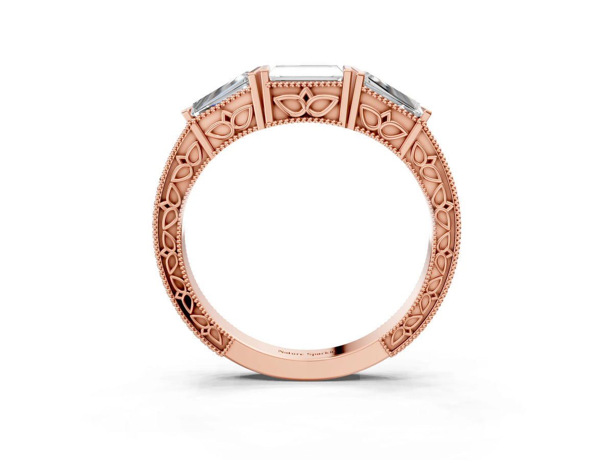 Rose gold Baguette Cut Channel Set Milgrain Band with V-Prong Setting_3