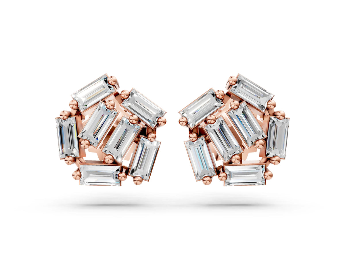 Rose gold Baguette Diamond Cluster Stud Earrings