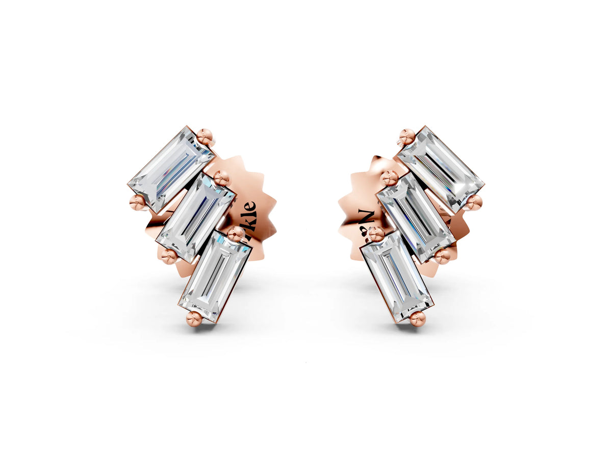 Rose gold Baguette Diamond Three-Stone Stud Earrings