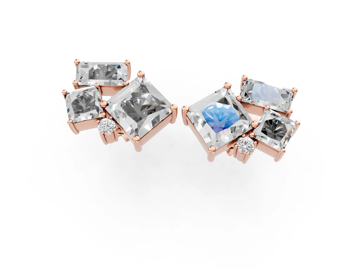 Rose gold Baguette and Princess Diamond Mosaic Abstract Stud Earrings_1