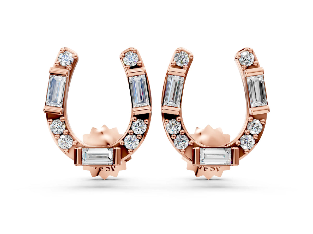 Rose gold Baguette and Round Diamond Horseshoe Stud Earrings