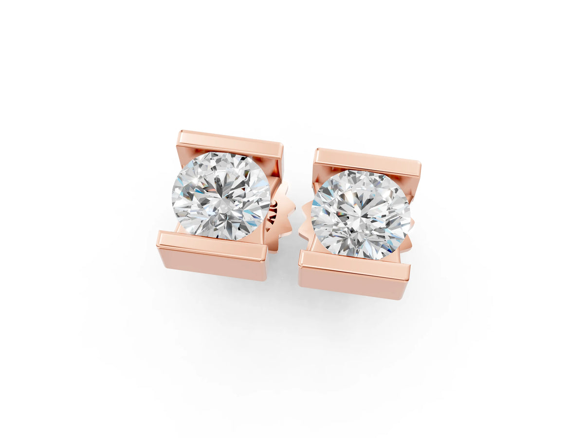 Rose gold Bar Set Round Diamond Stud Earrings in White Gold_1