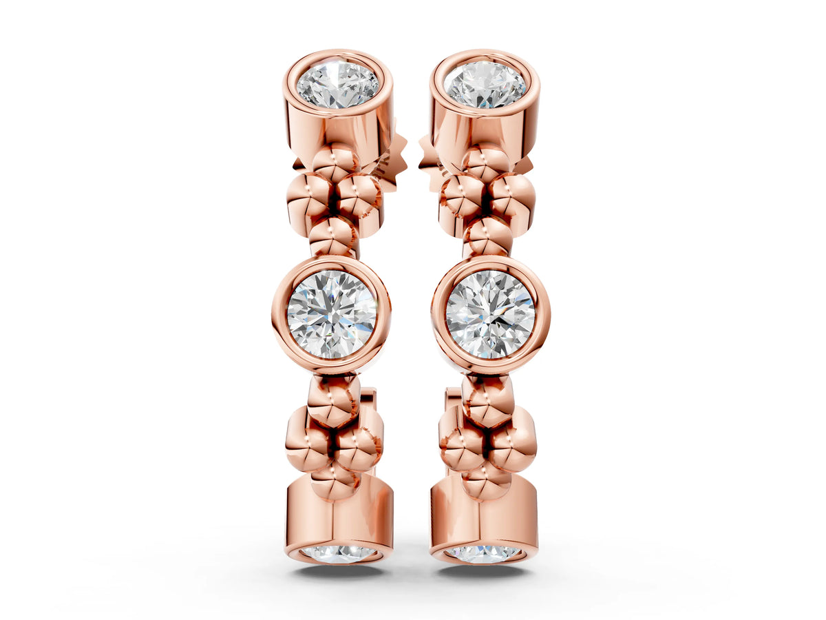 Rose gold Bezel Set Round Diamond Beaded Hoop Earrings