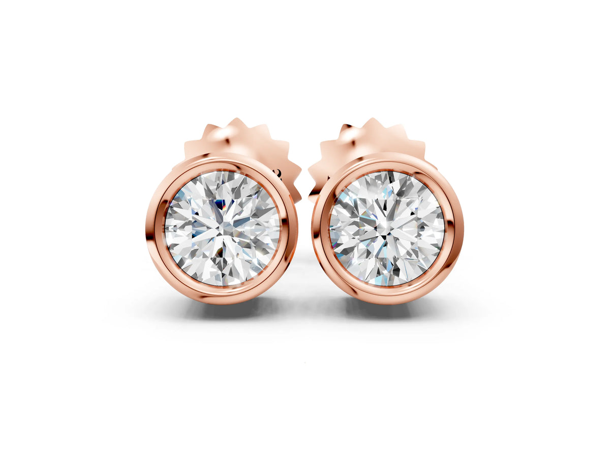 Rose gold Bezel Set Round Diamond Stud Earrings with Push Back