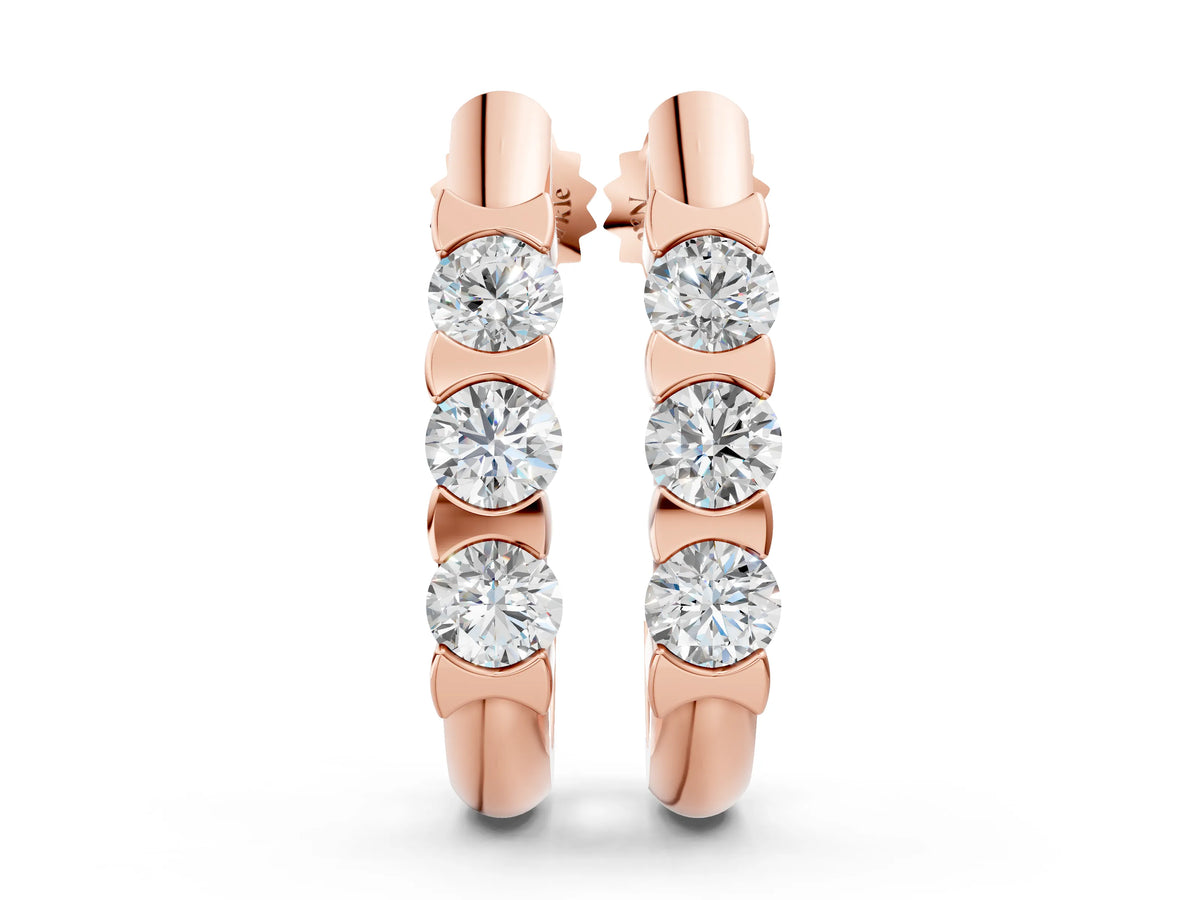 Rose gold Channel Set Round Diamond Hoop Earrings with Claw Prong Setting