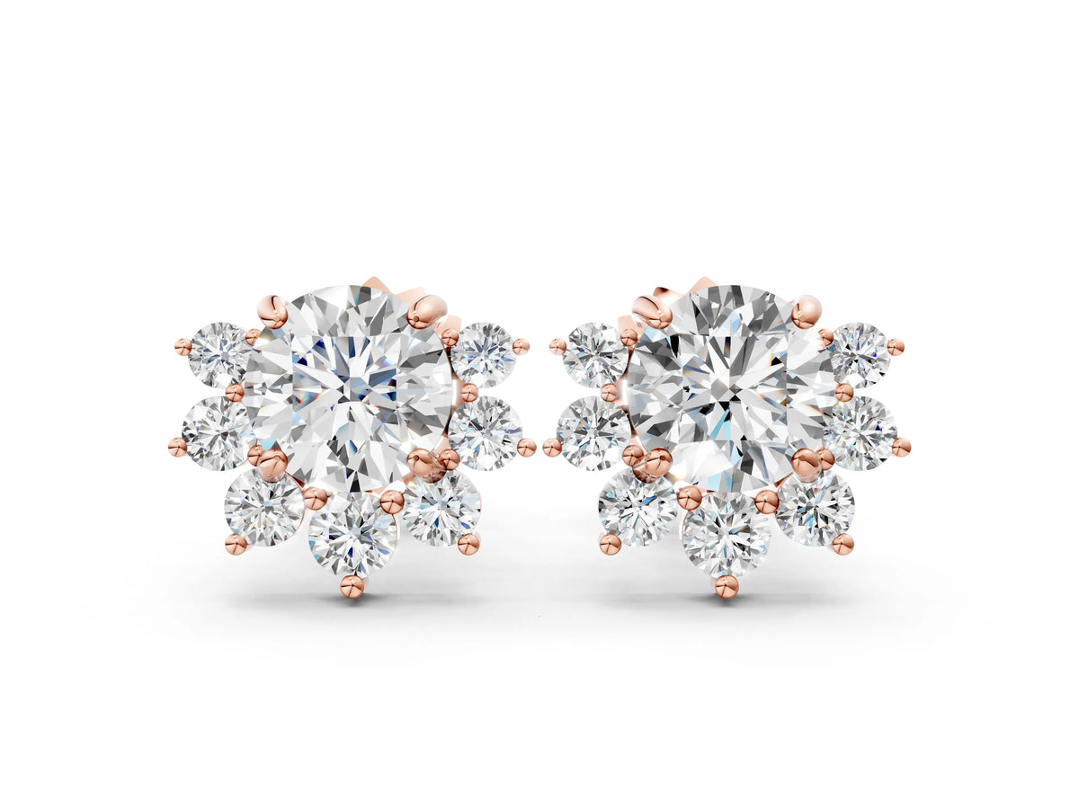 Rose gold Cluster Round Diamond Stud Earrings with White Gold Band and Four-Prong Setting