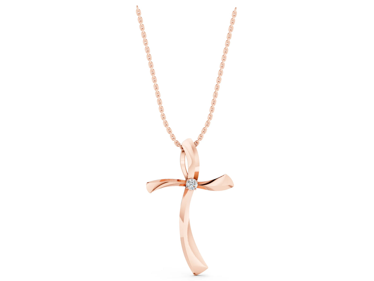 Rose gold Curved Cross Pendant with Round Diamond in Bezel Setting_1