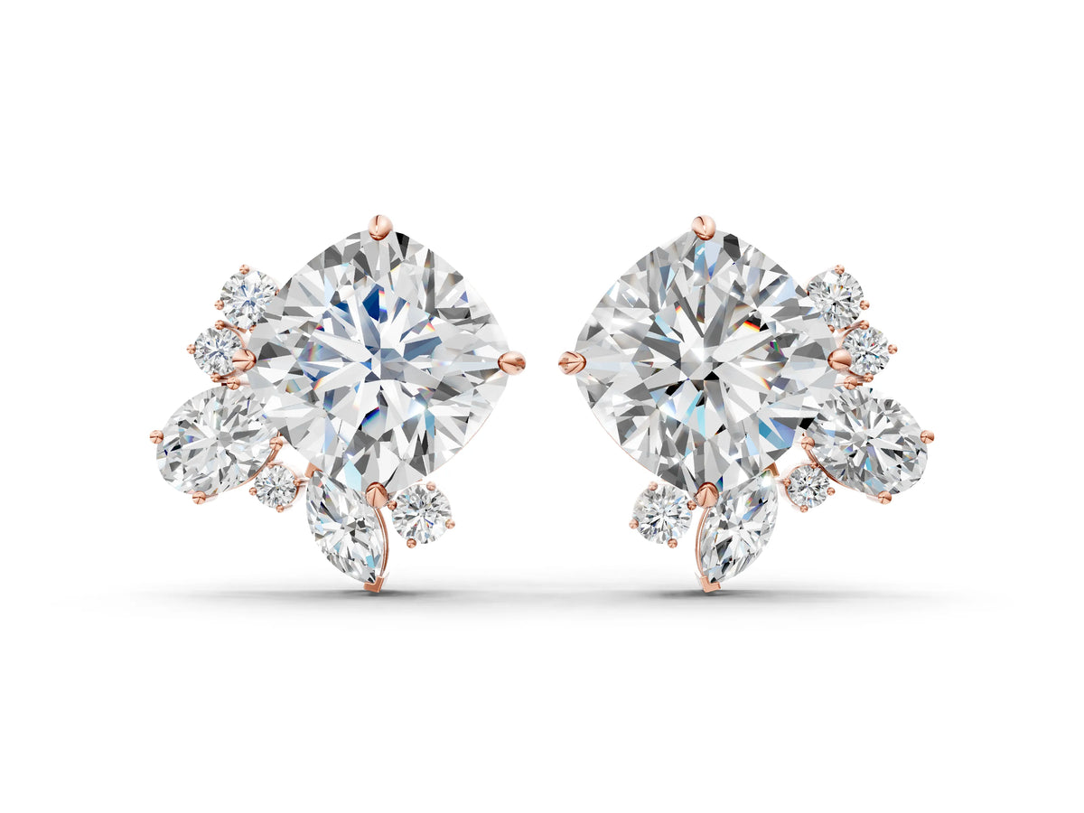 Rose gold Cushion Cut Diamond Floral Stud Earrings with Multi-Shape Accents