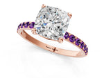 Rose gold Cushion Cut Diamond Solitaire Ring with Round Amethyst Pavé Band and Prong Setting_1