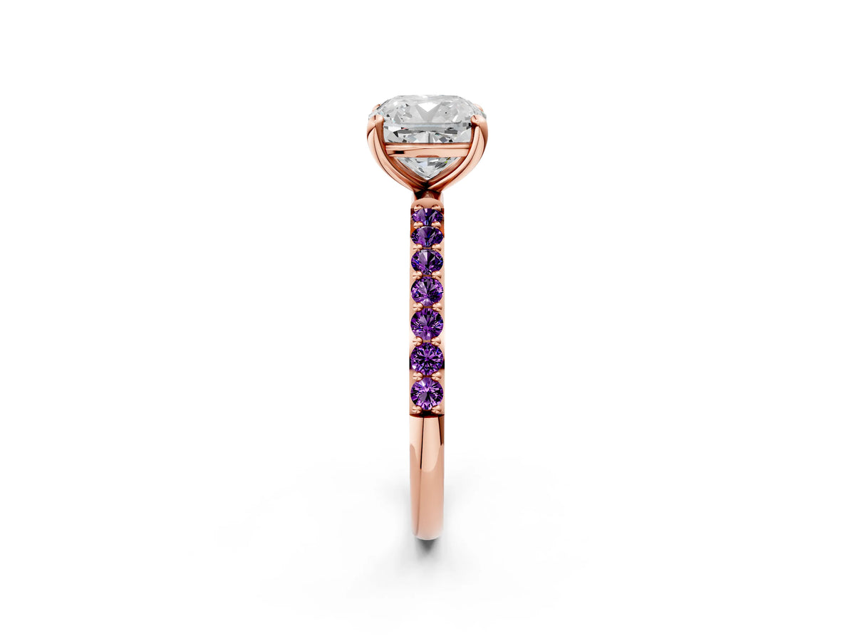 Rose gold Cushion Cut Diamond Solitaire Ring with Round Amethyst Pavé Band and Prong Setting_2