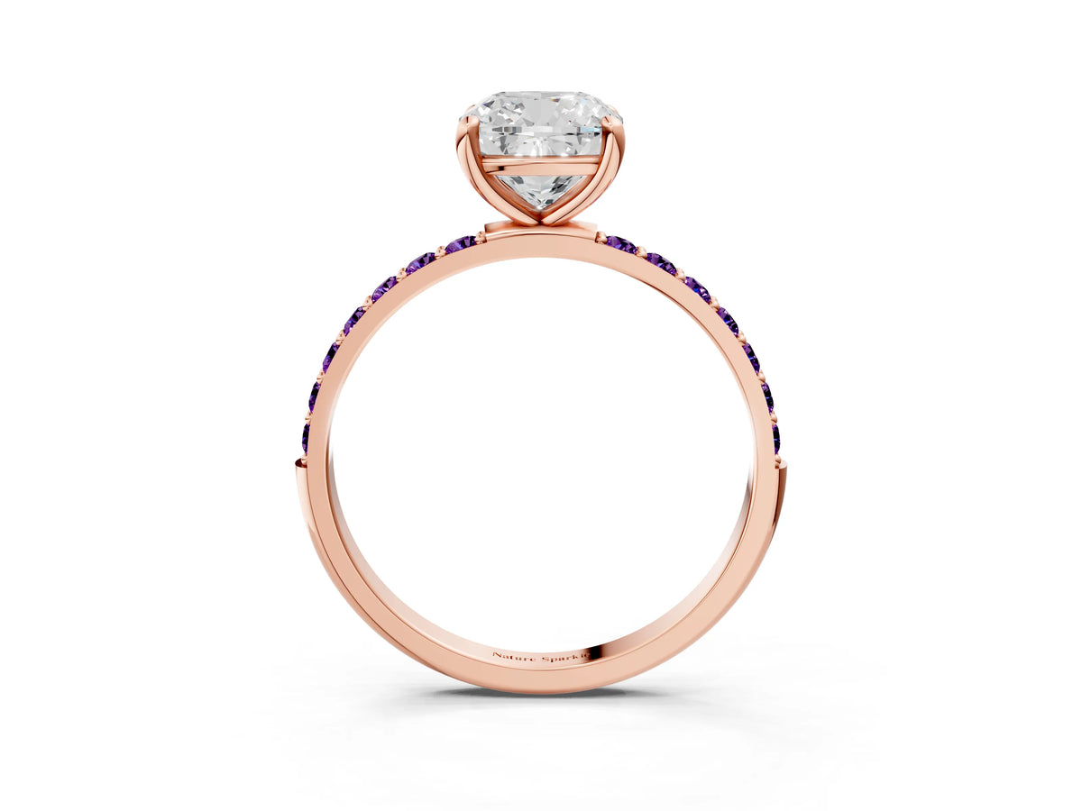 Rose gold Cushion Cut Diamond Solitaire Ring with Round Amethyst Pavé Band and Prong Setting_3