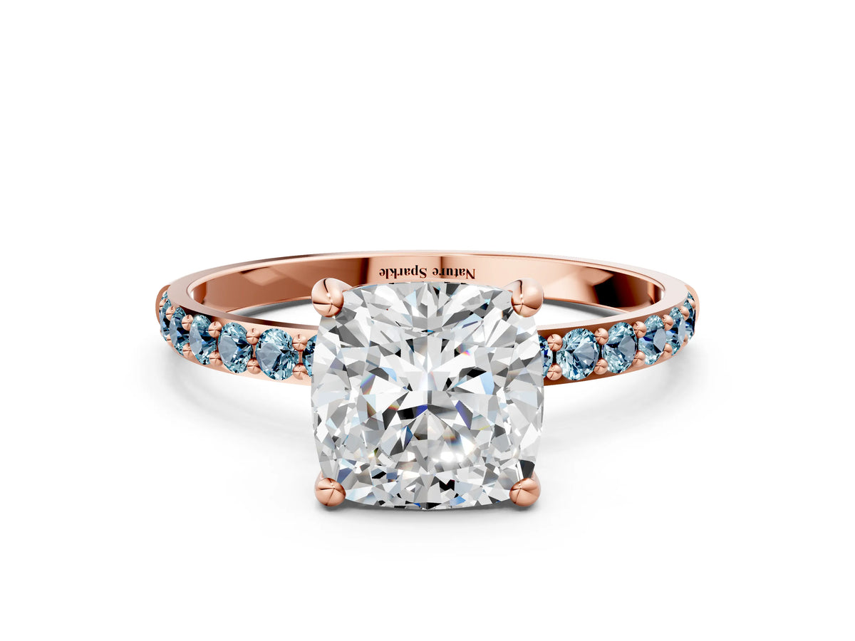 Rose gold Cushion Cut Diamond Solitaire Ring with Round Aquamarine Pavé Band and Prong Setting