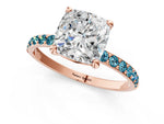 Rose gold Cushion Cut Diamond Solitaire Ring with Round Blue Topaz Pavé Band and Prong Setting_1