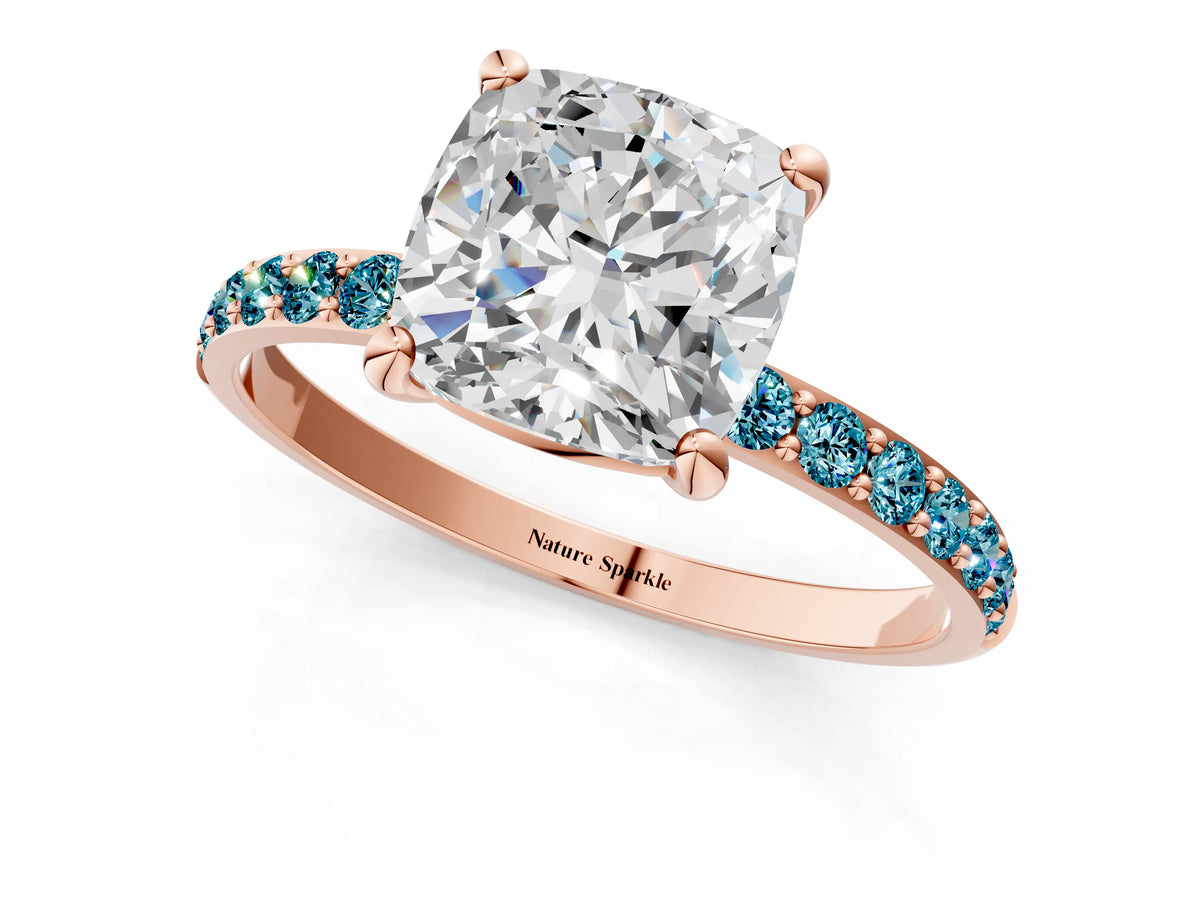 Rose gold Cushion Cut Diamond Solitaire Ring with Round Blue Topaz Pavé Band and Prong Setting_1