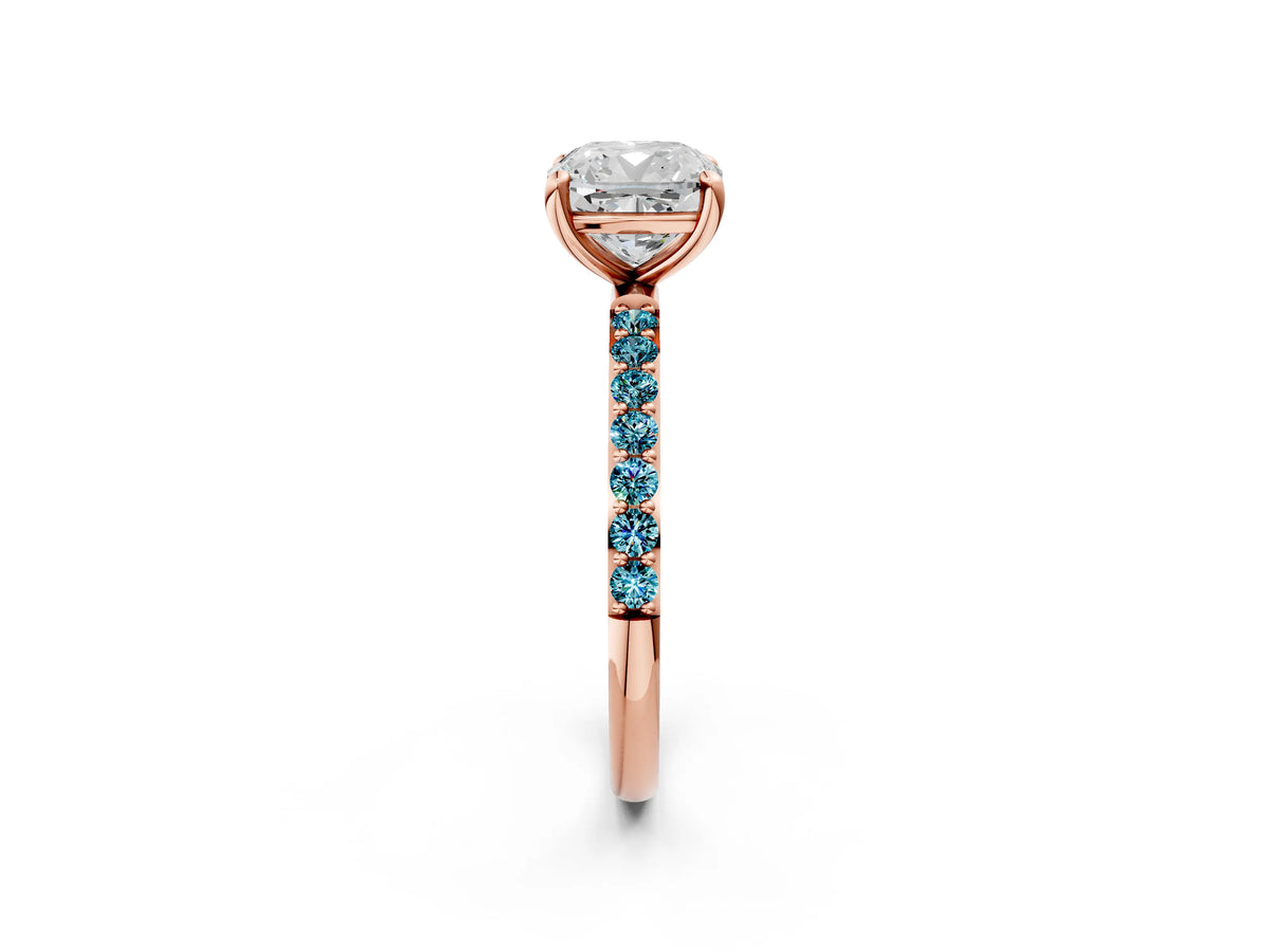 Rose gold Cushion Cut Diamond Solitaire Ring with Round Blue Topaz Pavé Band and Prong Setting_2