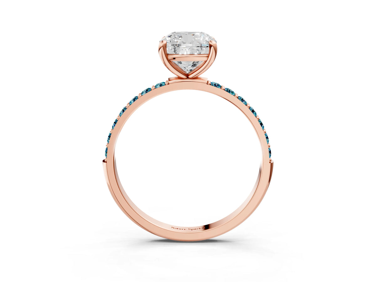 Rose gold Cushion Cut Diamond Solitaire Ring with Round Blue Topaz Pavé Band and Prong Setting_3