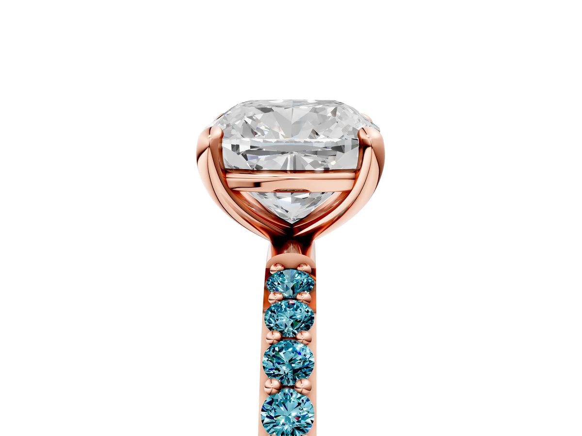 Rose gold Cushion Cut Diamond Solitaire Ring with Round Blue Topaz Pavé Band and Prong Setting_5