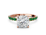 Rose gold Cushion Cut Diamond Solitaire Ring with Round Emerald Pavé Band and Prong Setting