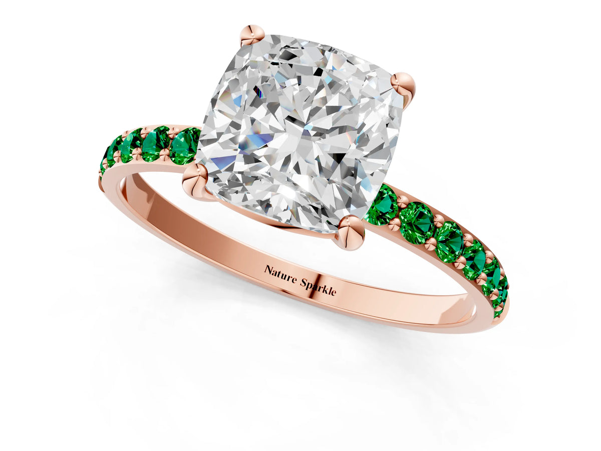 Rose gold Cushion Cut Diamond Solitaire Ring with Round Emerald Pavé Band and Prong Setting_1