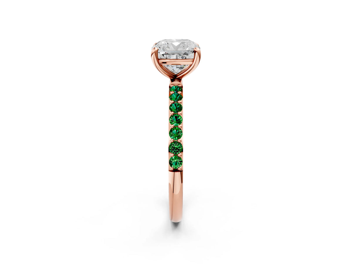 Rose gold Cushion Cut Diamond Solitaire Ring with Round Emerald Pavé Band and Prong Setting_2