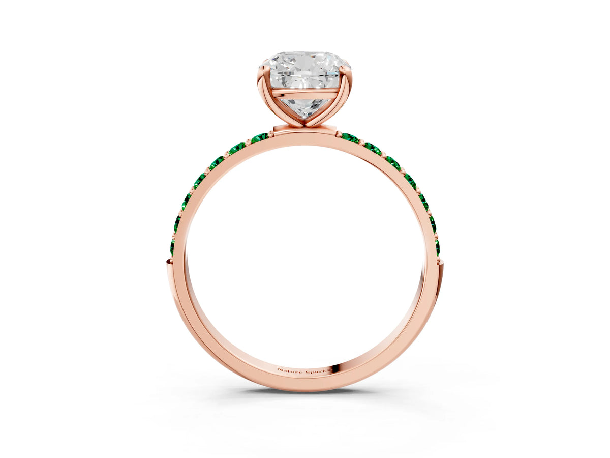 Rose gold Cushion Cut Diamond Solitaire Ring with Round Emerald Pavé Band and Prong Setting_3