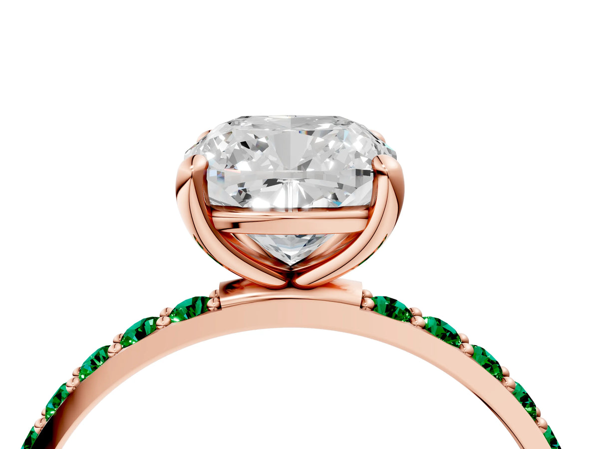Rose gold Cushion Cut Diamond Solitaire Ring with Round Emerald Pavé Band and Prong Setting_4