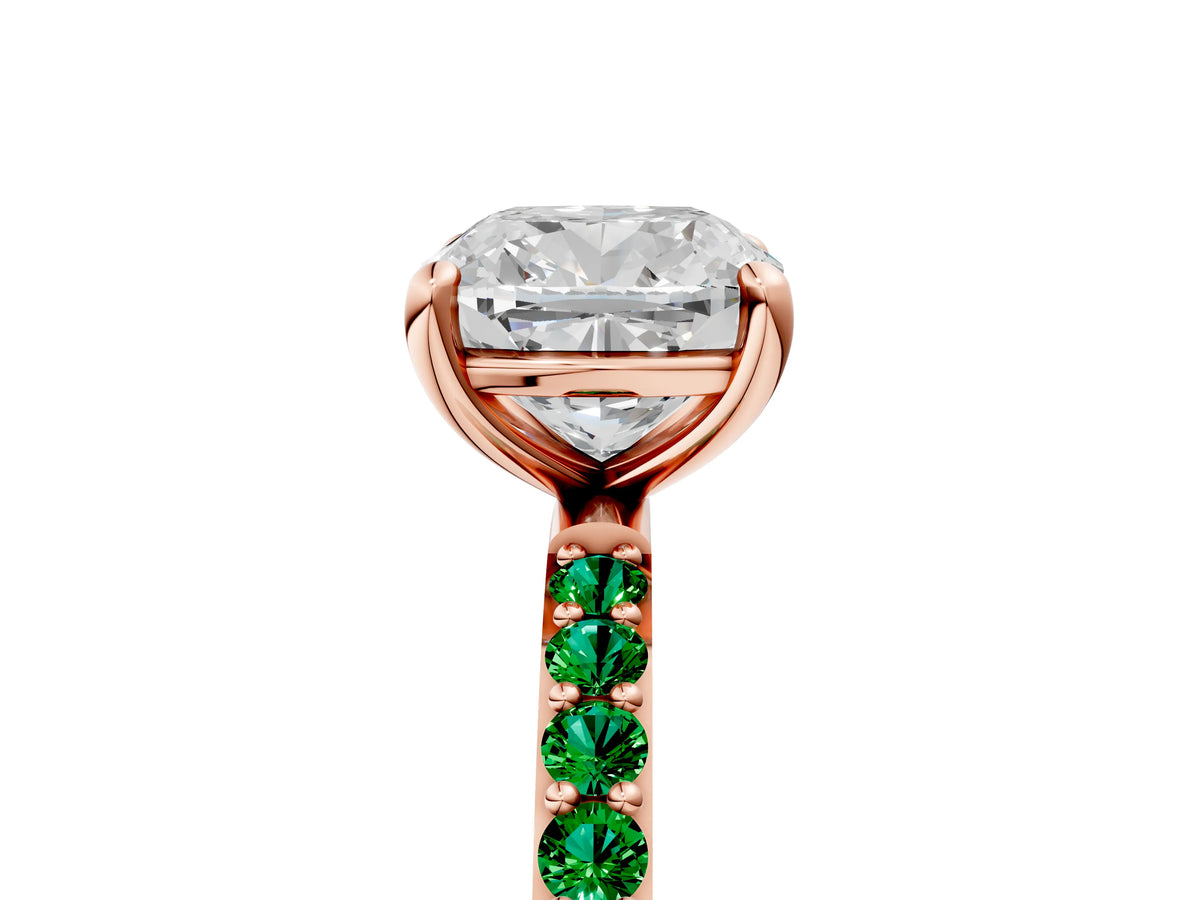 Rose gold Cushion Cut Diamond Solitaire Ring with Round Emerald Pavé Band and Prong Setting_5