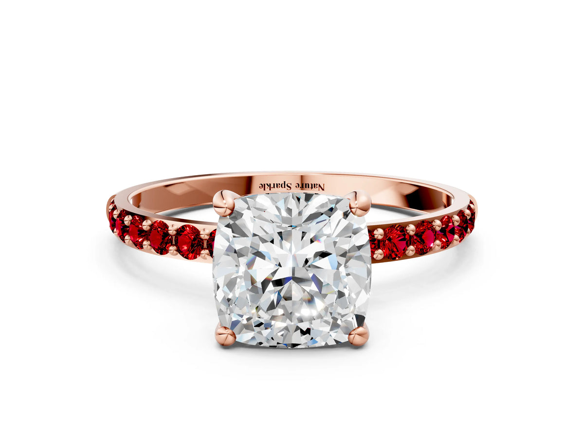 Rose gold Cushion Cut Diamond Solitaire Ring with Round Ruby Pavé Band and Prong Setting