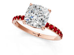 Rose gold Cushion Cut Diamond Solitaire Ring with Round Ruby Pavé Band and Prong Setting_1