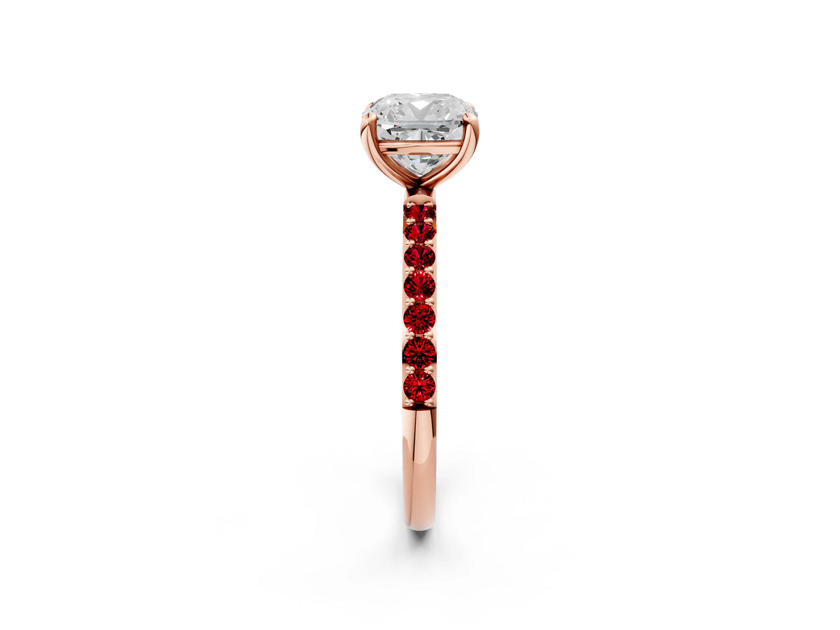 Rose gold Cushion Cut Diamond Solitaire Ring with Round Ruby Pavé Band and Prong Setting_2