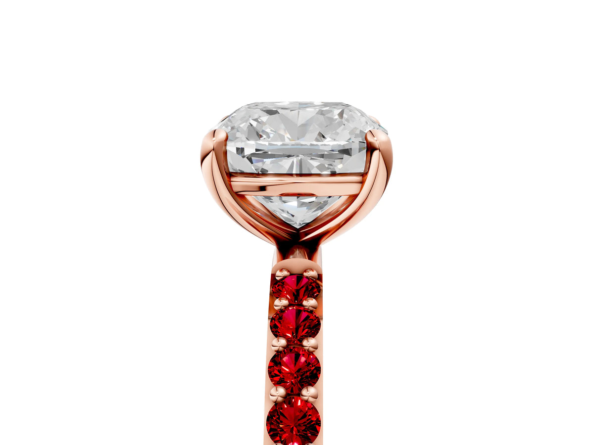 Rose gold Cushion Cut Diamond Solitaire Ring with Round Ruby Pavé Band and Prong Setting_5
