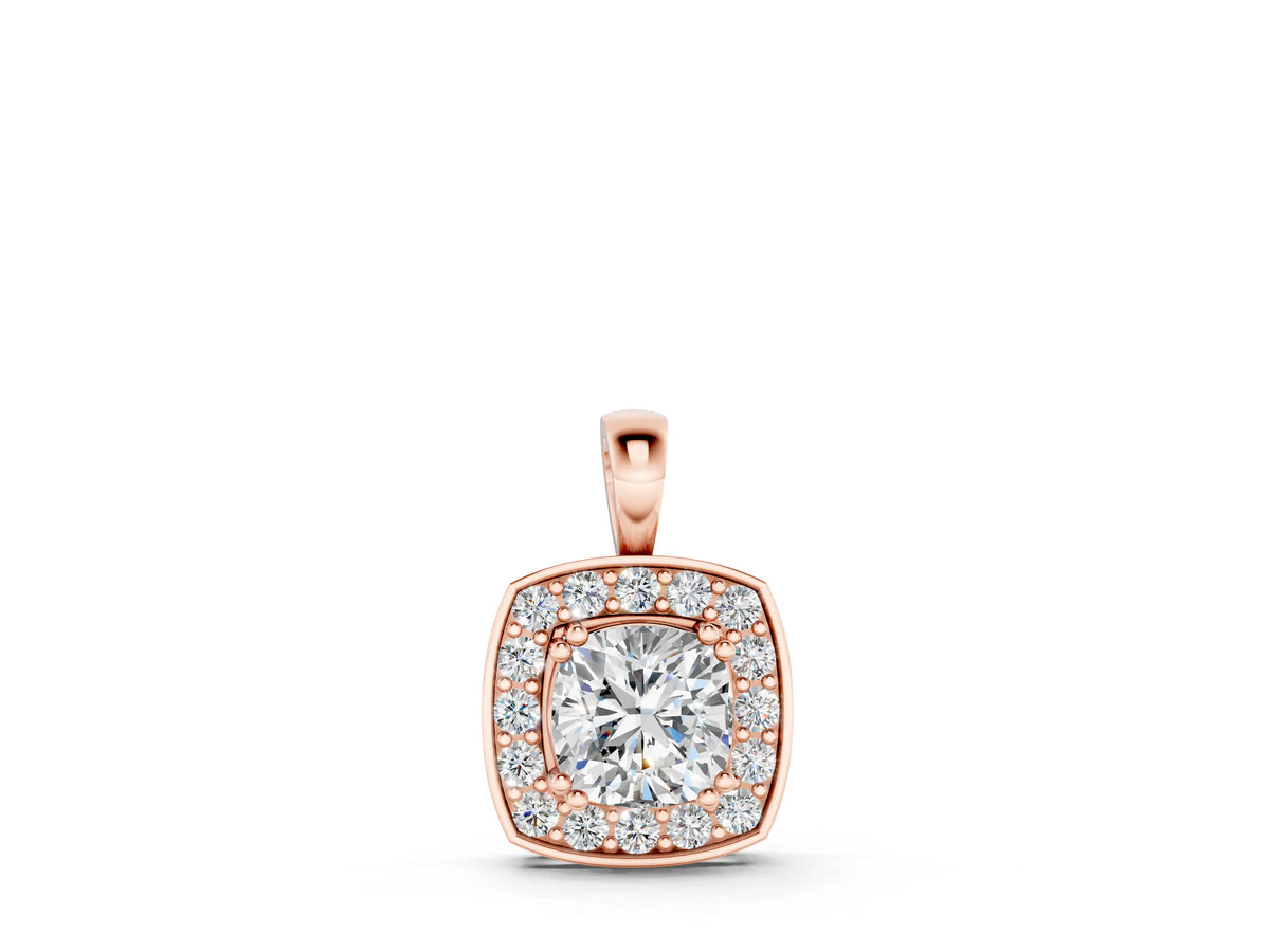 Rose gold Cushion Halo Pendant with Round Diamond and Four-Prong Setting
