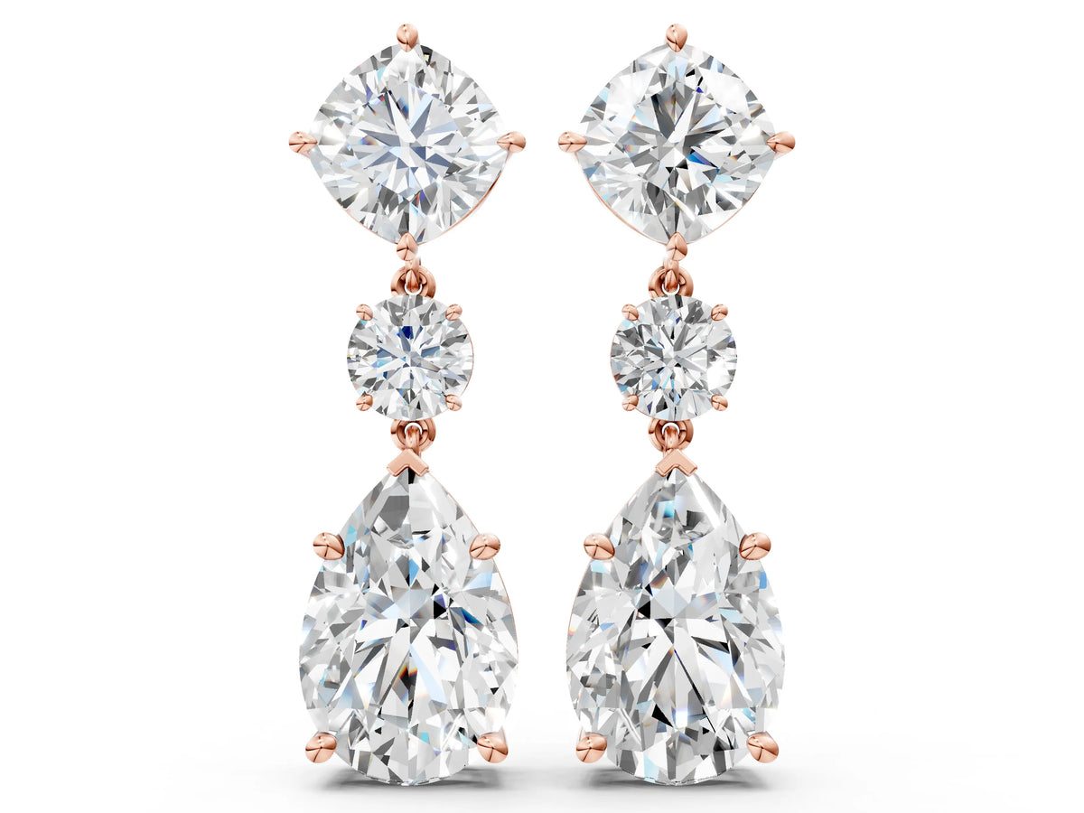 Rose gold Cushion, Round and Pear Diamond Three-Stone Drop Earrings