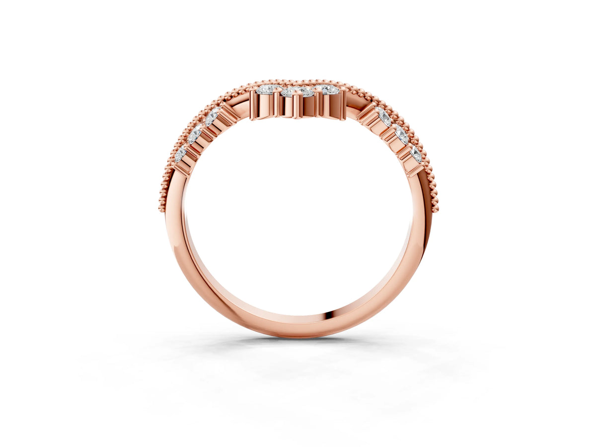 Rose gold Diamond Chevron Milgrain Band with Round Cut Stones and Prong Setting_3