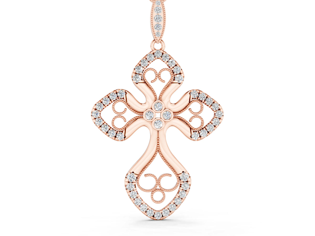 Rose gold Diamond Pavé Round Milgrain Cross Pendant