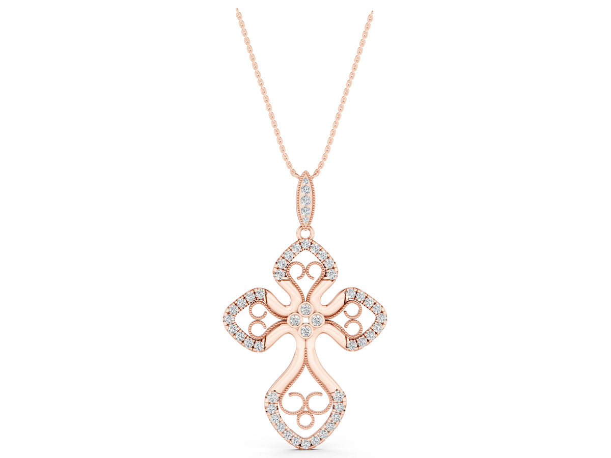 Rose gold Diamond Pavé Round Milgrain Cross Pendant_1