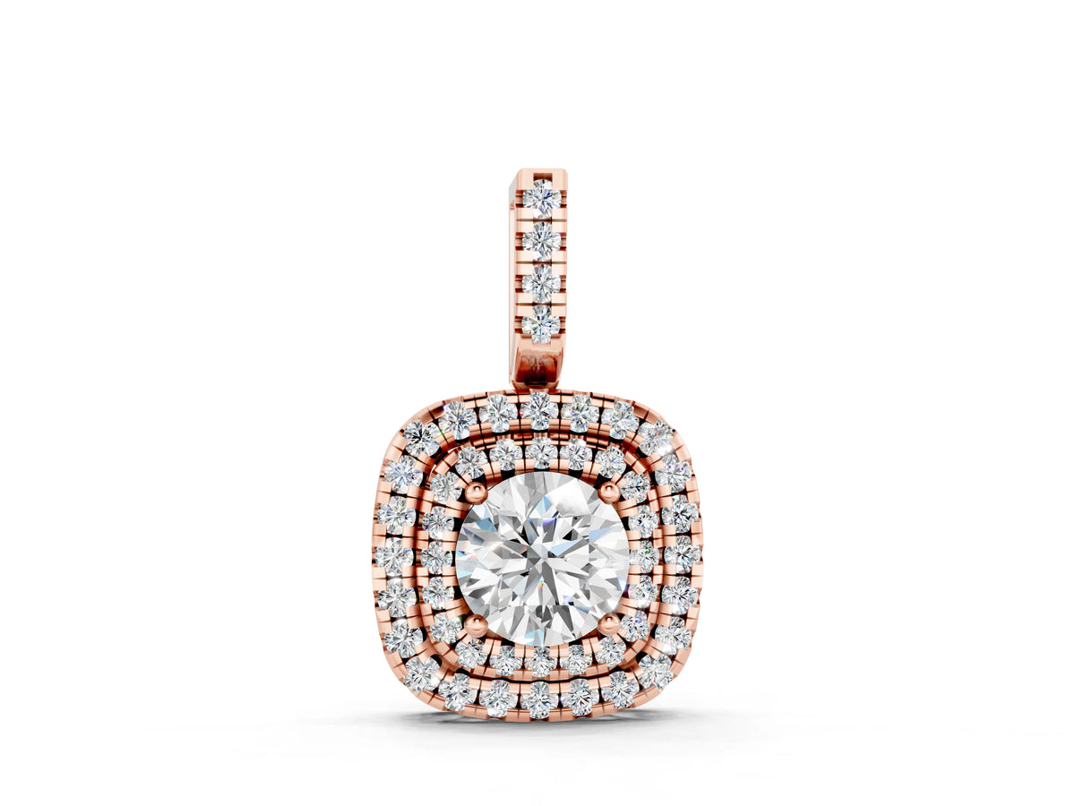 Rose gold Double Halo Round Diamond Pendant with Pavé Setting and Prong Setting
