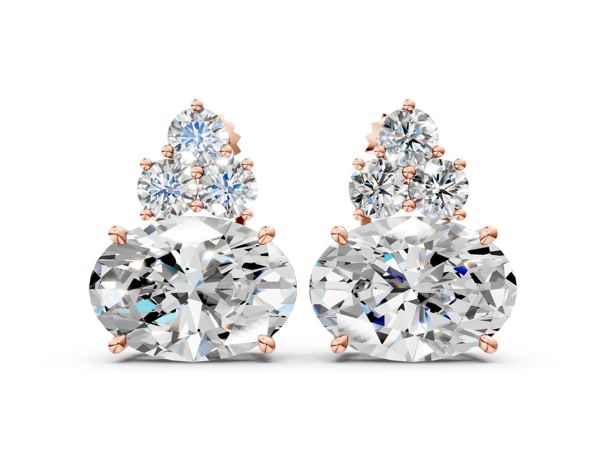 Rose gold East-West Oval Diamond Cluster Stud Earrings with Round Diamond Accents