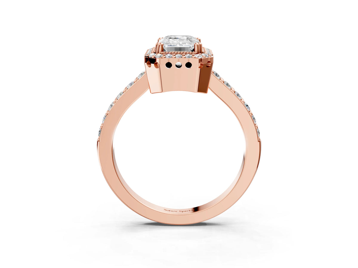 Rose gold Emerald Cut Cut Diamond Halo Engagement Ring with Milgrain Detail and Pavé Band_3