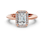 Rose gold Emerald Cut Cut Diamond Halo Engagement Ring with Split Shank and Four-Prong Setting