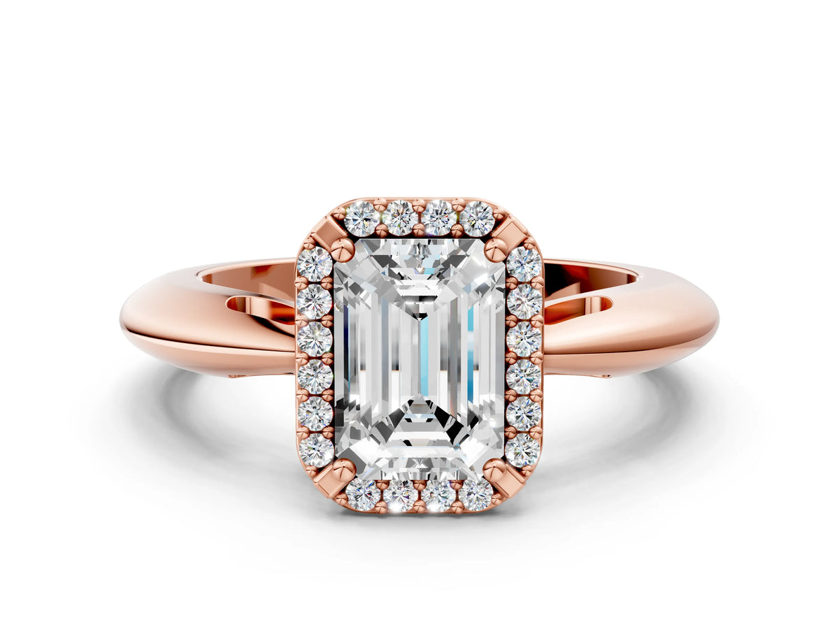 Rose gold Emerald Cut Cut Diamond Halo Engagement Ring with Split Shank and Four-Prong Setting