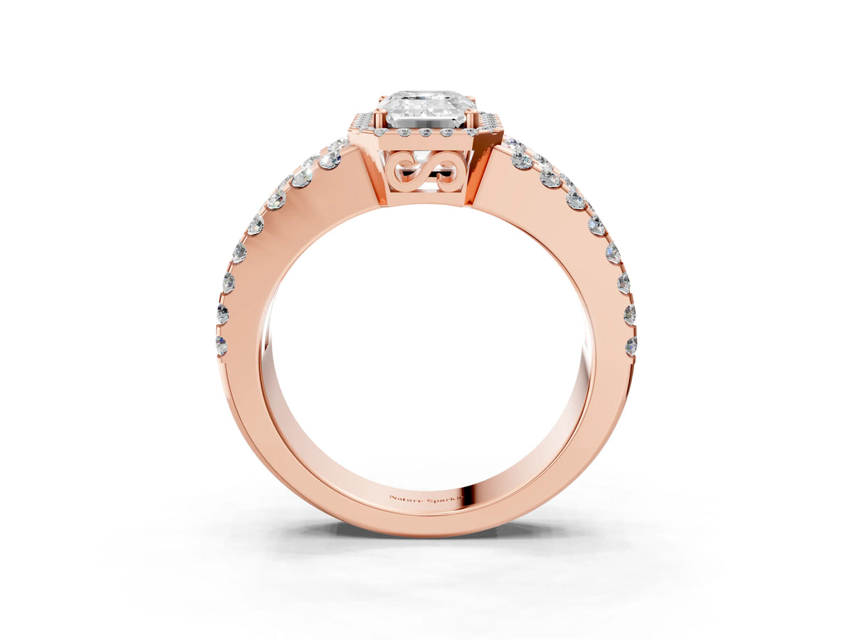 Rose gold Emerald Cut Cut Halo Split Shank Diamond Ring with Four-Prong Setting_3
