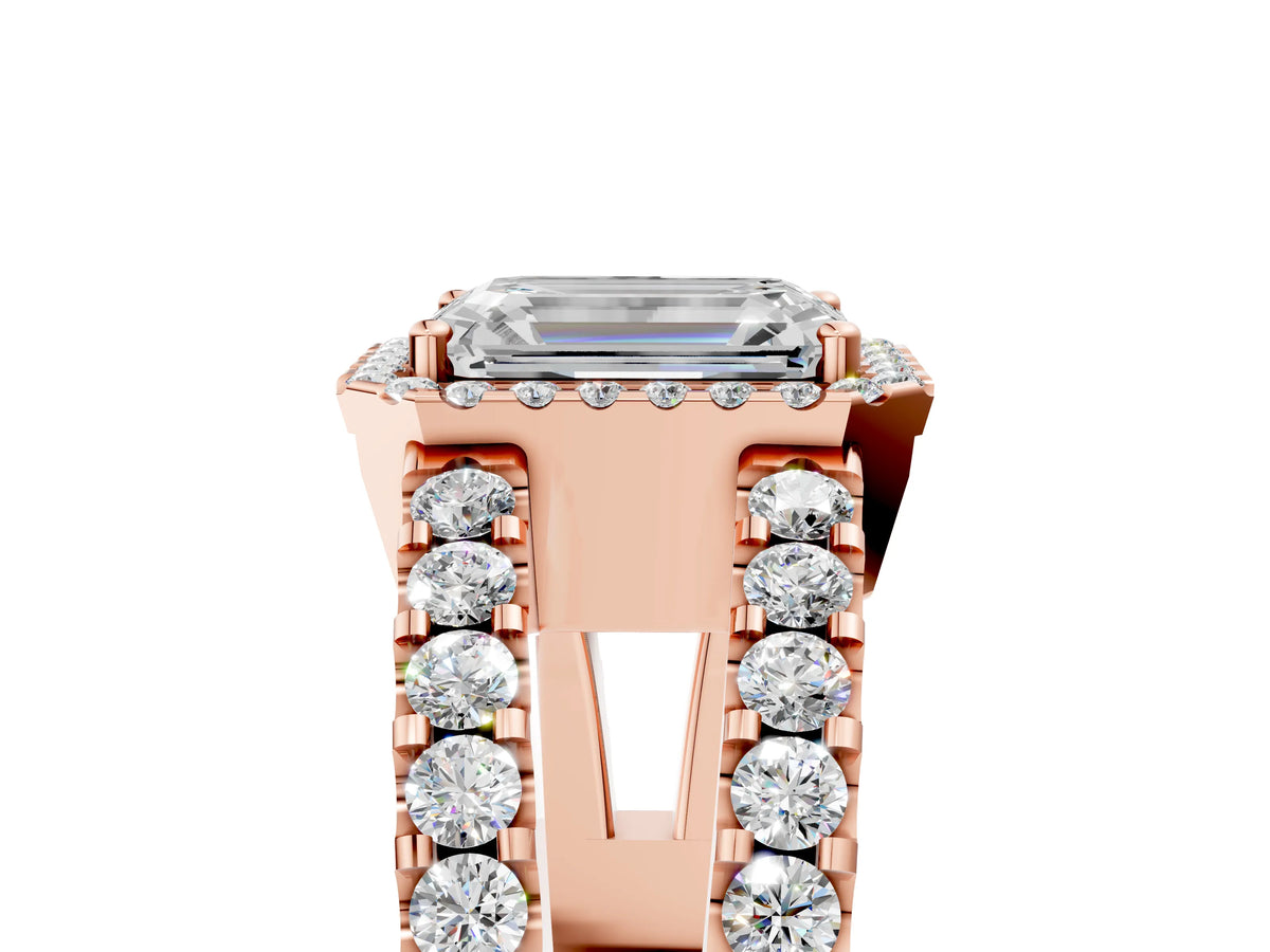 Rose gold Emerald Cut Cut Halo Split Shank Diamond Ring with Four-Prong Setting_5