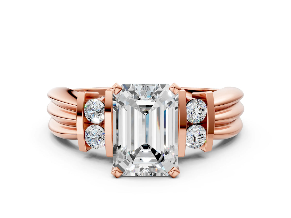 Rose gold Emerald Cut Cut Three-Stone Channel Set Ring with Bar Prongs