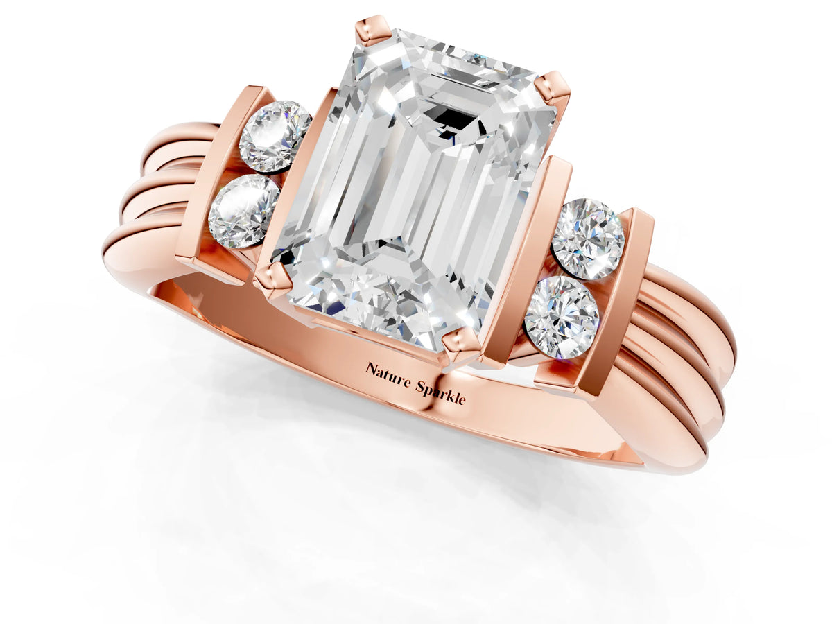 Rose gold Emerald Cut Cut Three-Stone Channel Set Ring with Bar Prongs_1
