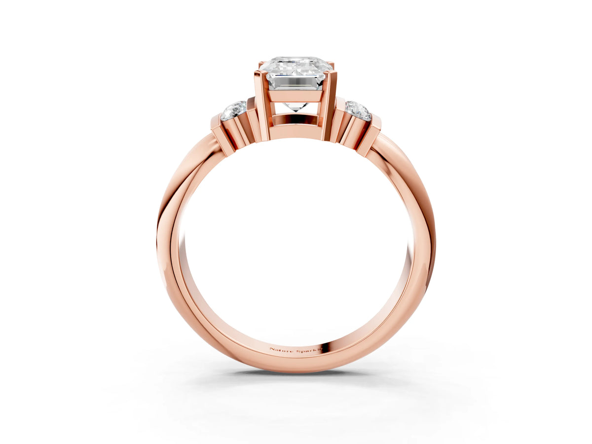Rose gold Emerald Cut Cut Three-Stone Channel Set Ring with Bar Prongs_3